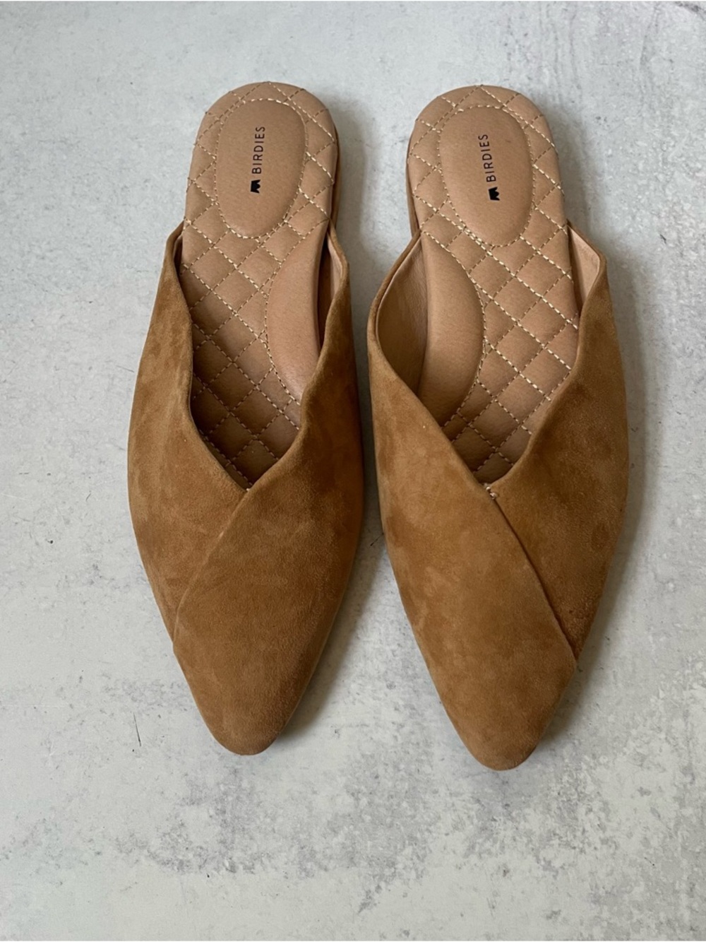 Birdies Suede Slip On Mules 10.5 Tan Beige Pointed Toe Neutral Flats - Picture 2 of 7